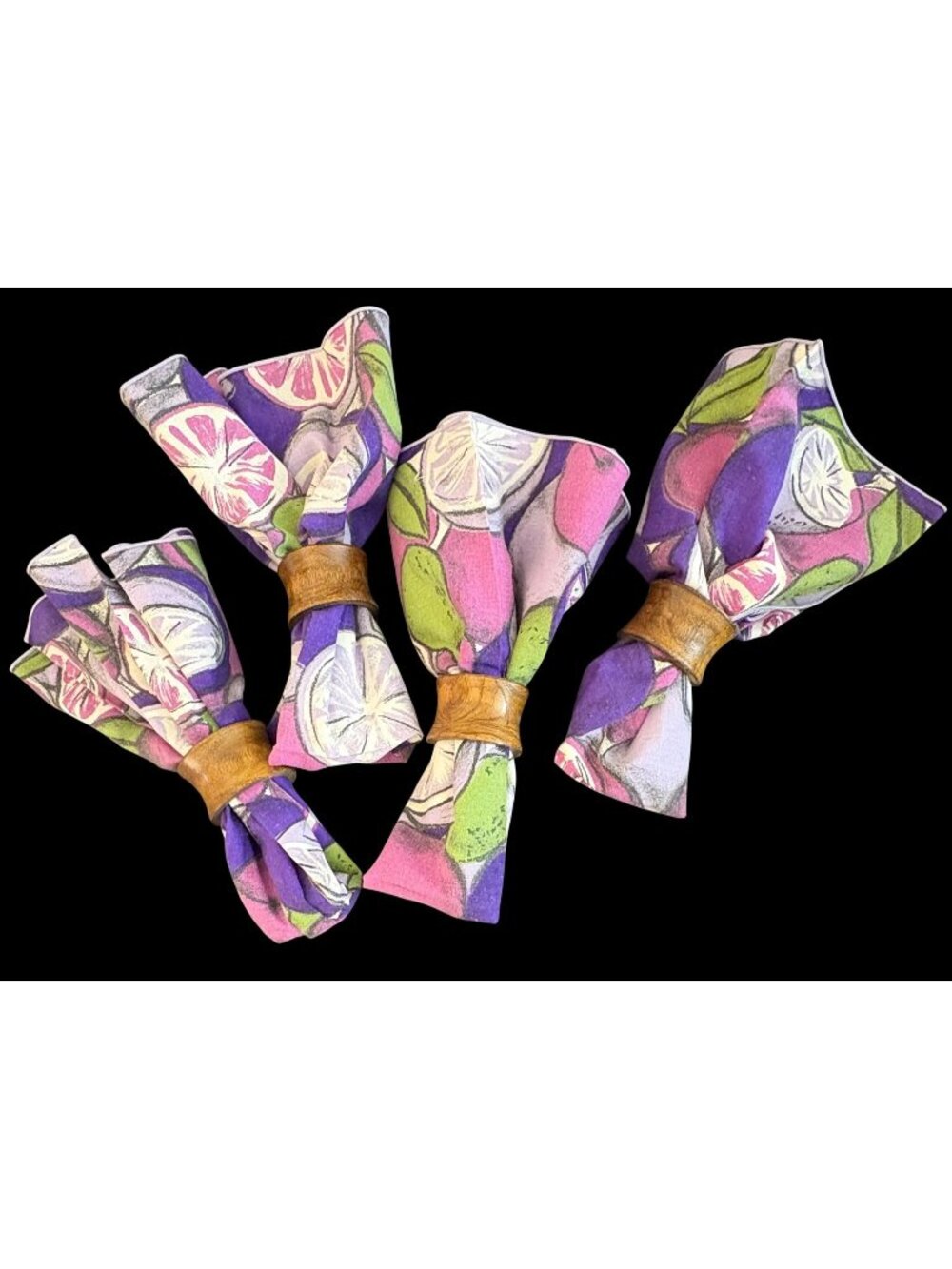 1960's MCM Cloth Napkins Fruit Print With Wooden Napkin Rings 17 x 17